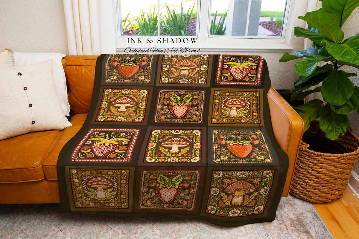 Rustic Bohemian Strawberry & Mushroom Blanket Cottagecore Folk Art Tapestry Throw | Vintage Country Cottage Cozy Whimsical Farmhouse Decor