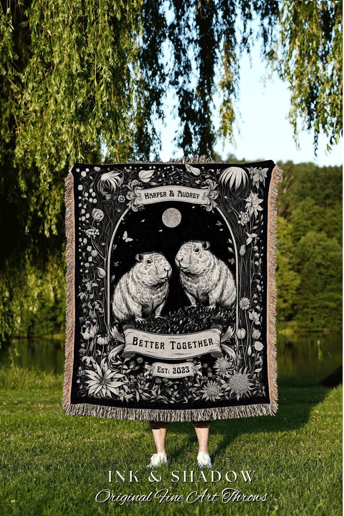 Couple Anniversary Custom Throw | Personalized I Love You Custom Name Gift Romantic Valentine His & Hers Blanket Capybara Tapestry Woven |
