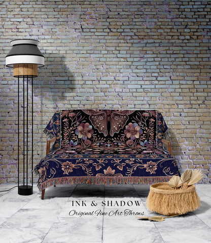 Witchy Botanical Moth Blanket Whimsigothic Purple Floral Fairycore Aesthetic | Gothic Cottagecore Butterfly Celestial Whimsy Tapestry Throw