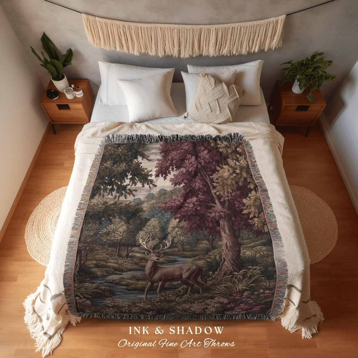Moody Woodland Deer Landscape Tapestry Blanket | Folklore Woodland Woven Throw Morris Inspired Dark Academia Mystical Forest Victorian Decor