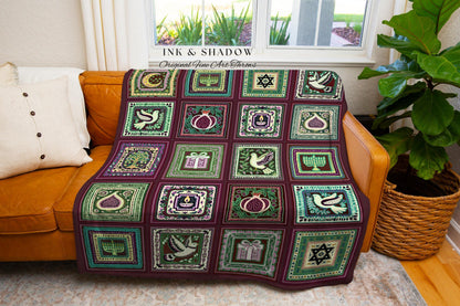Whimsical Jewish Heritage Tapestry Blanket Bohemian Judaica Decor | Star of David, Pomegranate & Menorah Patchwork Throw Hanukah Art Gifts