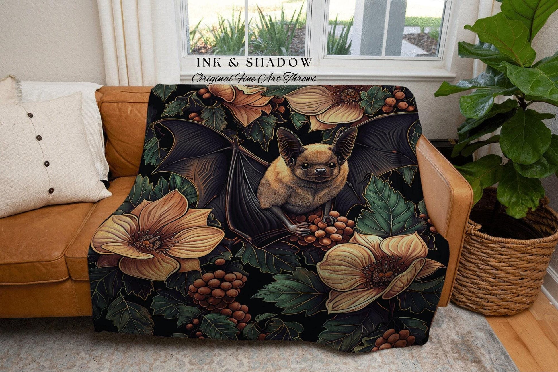 Floral Bat Dark Botanical Throw | Woven Blanket Woodland Wall Art Gothic Bedroom Decor Astrology Bat Wall Hanging Tapestry Whimsigoth Witchy