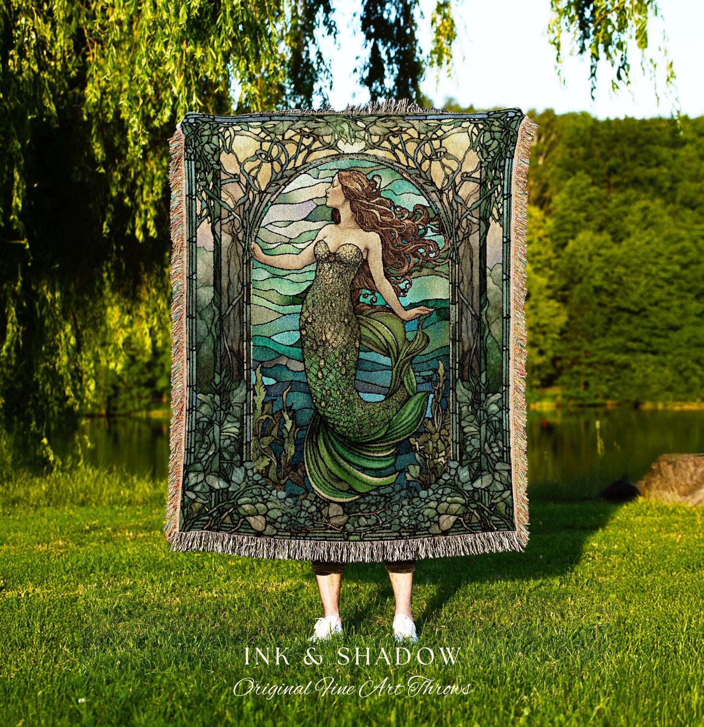Art Nouveau Mermaid Blanket | Celestial Mermaid Dark Cottagecore Decor Art Nouveau Tapestry Woven Blanket Mermaidcore Decor Stained Glass |