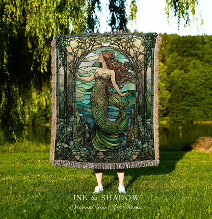 Art Nouveau Mermaid Blanket | Celestial Mermaid Dark Cottagecore Decor Art Nouveau Tapestry Woven Blanket Mermaidcore Decor Stained Glass |