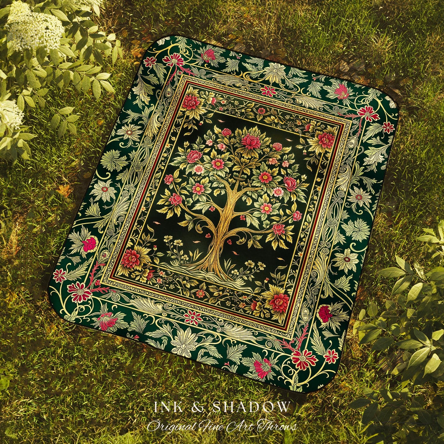 Rosy Botanical Rustic Tree Throw Blanket Woven Cotton Wall Tapestry