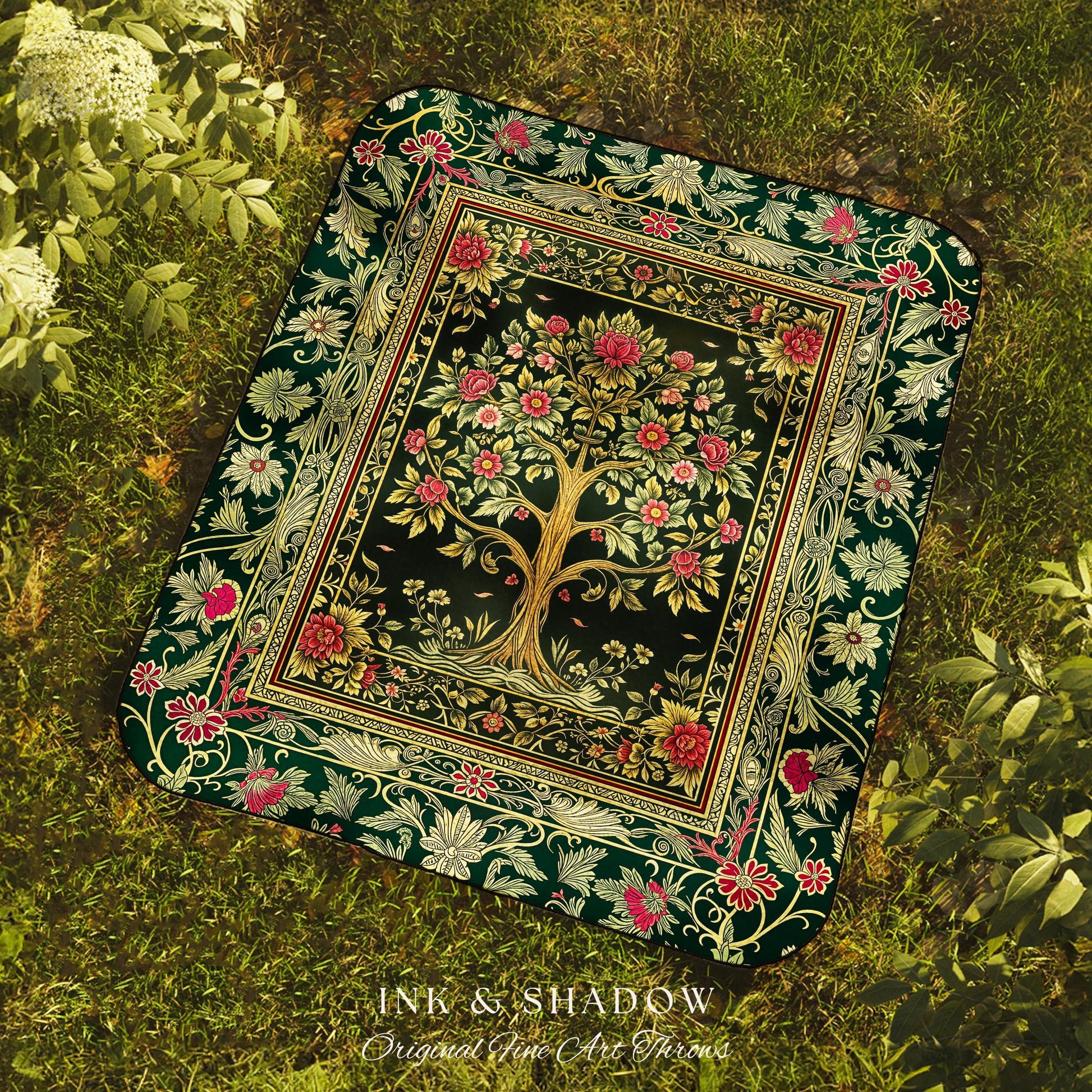 Rosy Botanical Rustic Tree Throw Blanket Woven Cotton Wall Tapestry