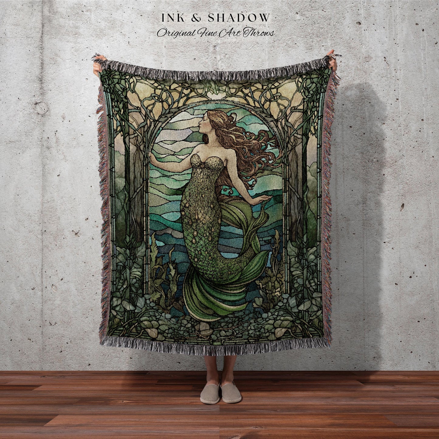 Art Nouveau Mermaid Blanket | Celestial Mermaid Dark Cottagecore Decor Art Nouveau Tapestry Woven Blanket Mermaidcore Decor Stained Glass |