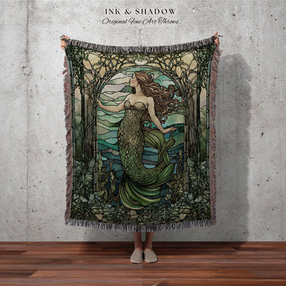 Art Nouveau Mermaid Blanket | Celestial Mermaid Dark Cottagecore Decor Art Nouveau Tapestry Woven Blanket Mermaidcore Decor Stained Glass |