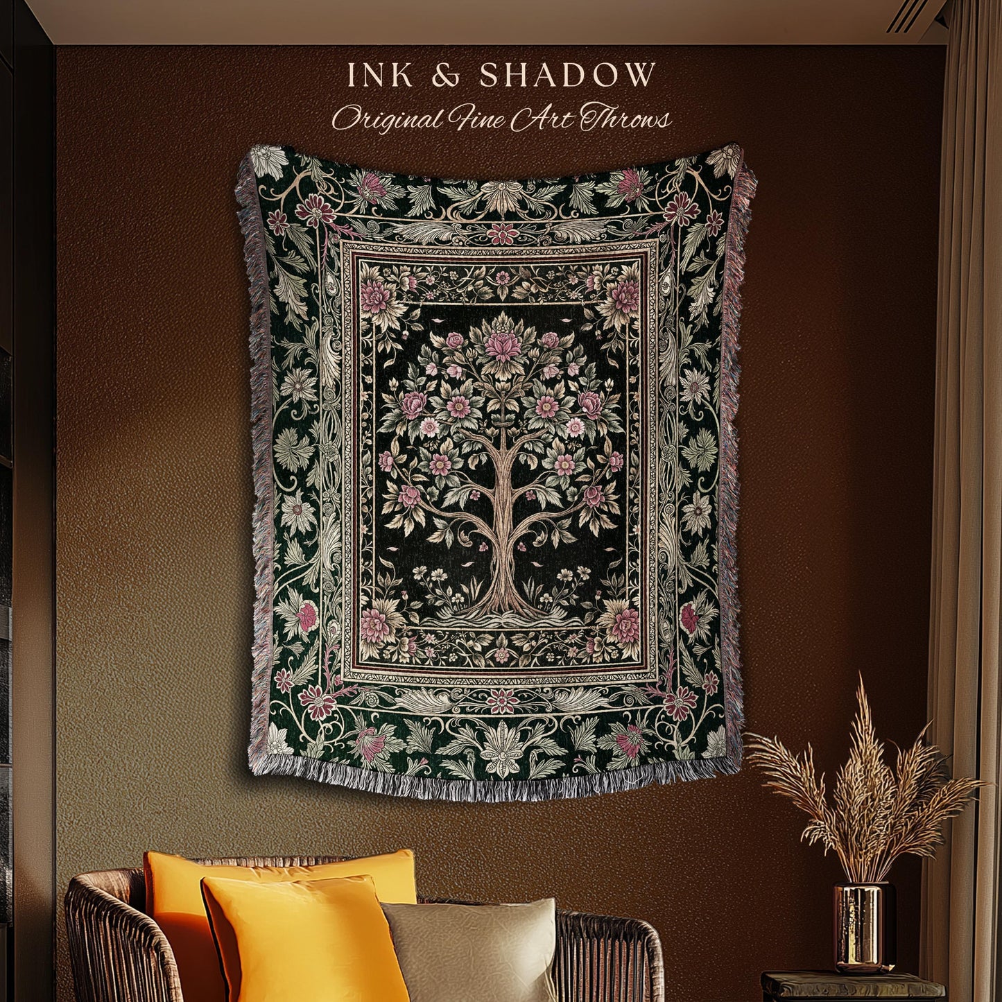 Rosy Botanical Rustic Tree Throw Blanket Woven Cotton Wall Tapestry