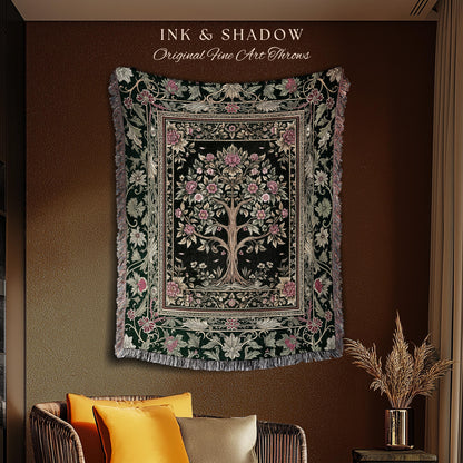 Rosy Botanical Rustic Tree Throw Blanket Woven Cotton Wall Tapestry