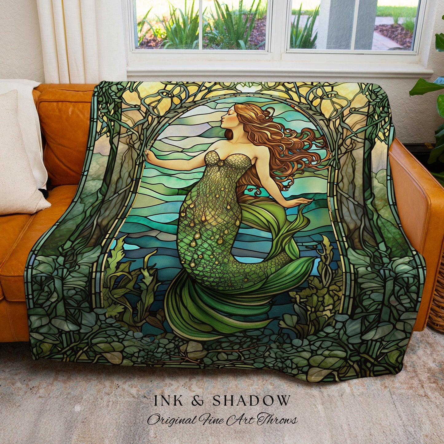 Art Nouveau Mermaid Blanket | Celestial Mermaid Dark Cottagecore Decor Art Nouveau Tapestry Woven Blanket Mermaidcore Decor Stained Glass |