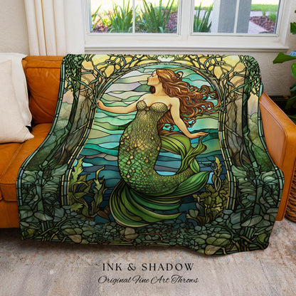 Art Nouveau Mermaid Blanket | Celestial Mermaid Dark Cottagecore Decor Art Nouveau Tapestry Woven Blanket Mermaidcore Decor Stained Glass |