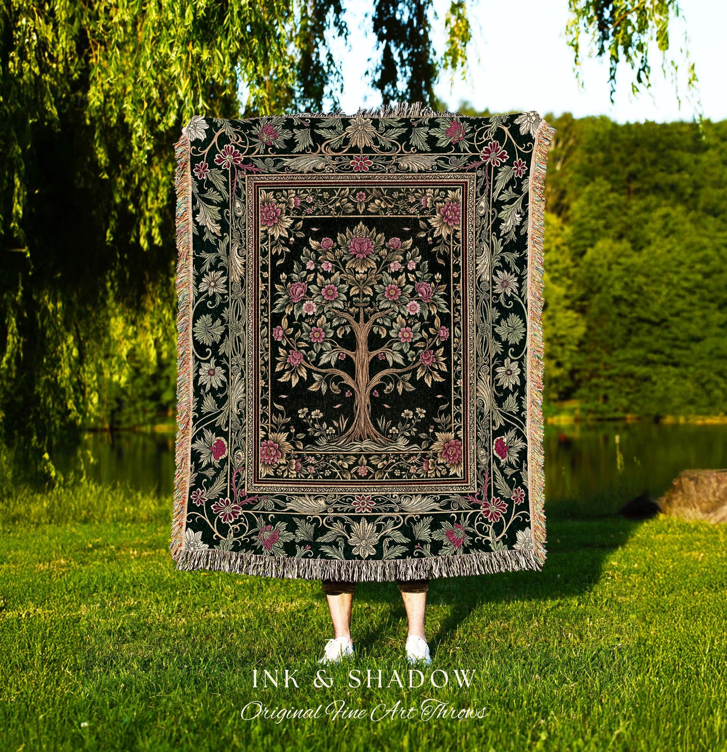 Rosy Botanical Rustic Tree Throw Blanket Woven Cotton Wall Tapestry
