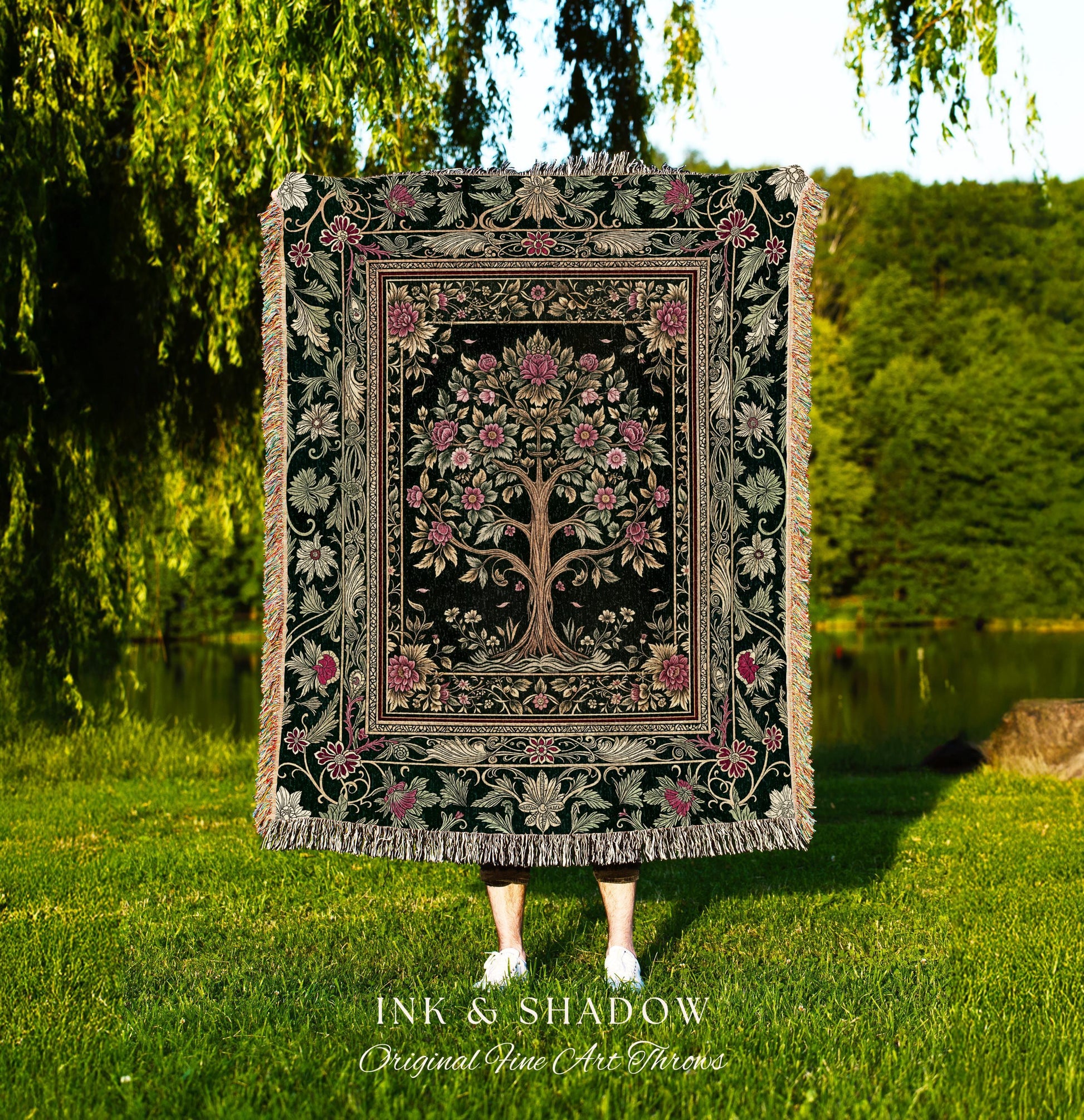 Rosy Botanical Rustic Tree Throw Blanket Woven Cotton Wall Tapestry