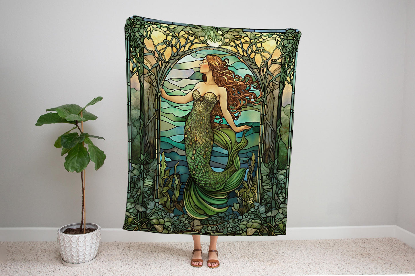 Art Nouveau Mermaid Blanket | Celestial Mermaid Dark Cottagecore Decor Art Nouveau Tapestry Woven Blanket Mermaidcore Decor Stained Glass |