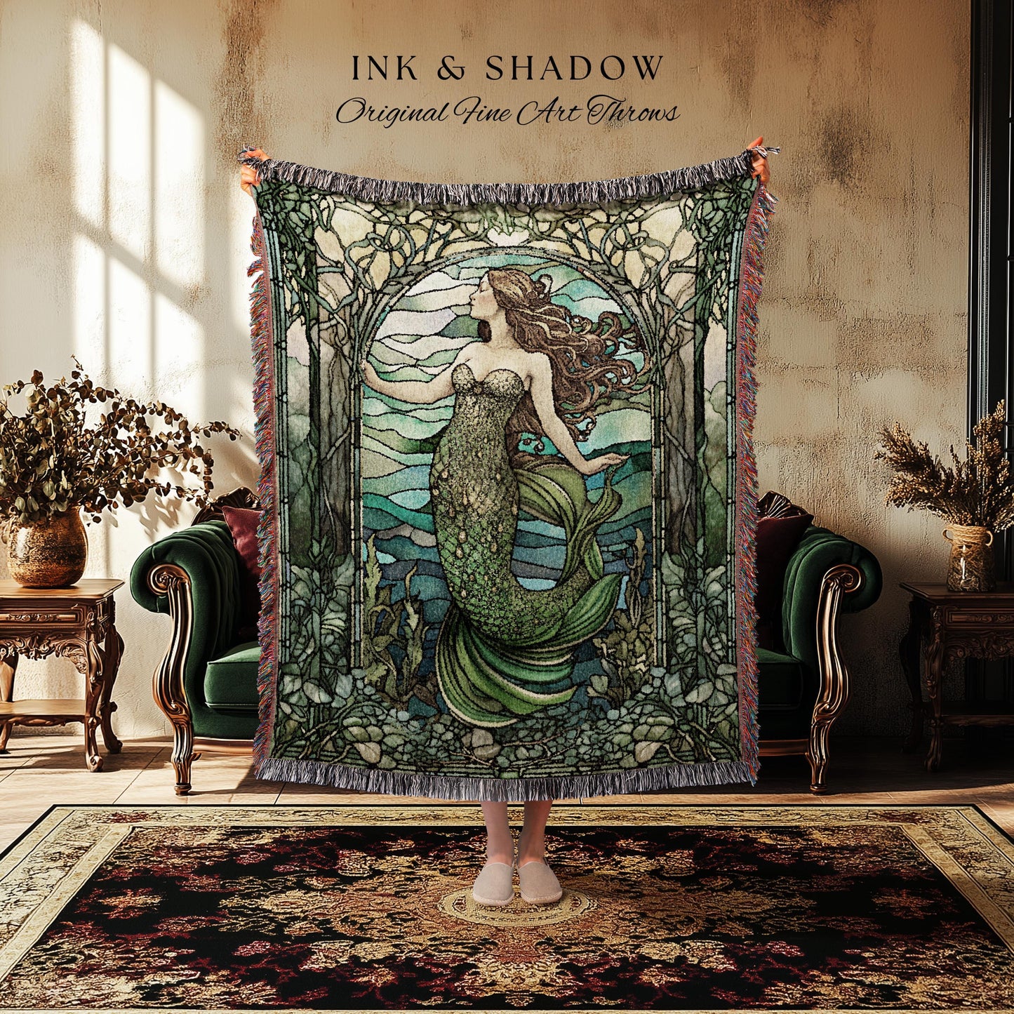 Art Nouveau Mermaid Blanket | Celestial Mermaid Dark Cottagecore Decor Art Nouveau Tapestry Woven Blanket Mermaidcore Decor Stained Glass |