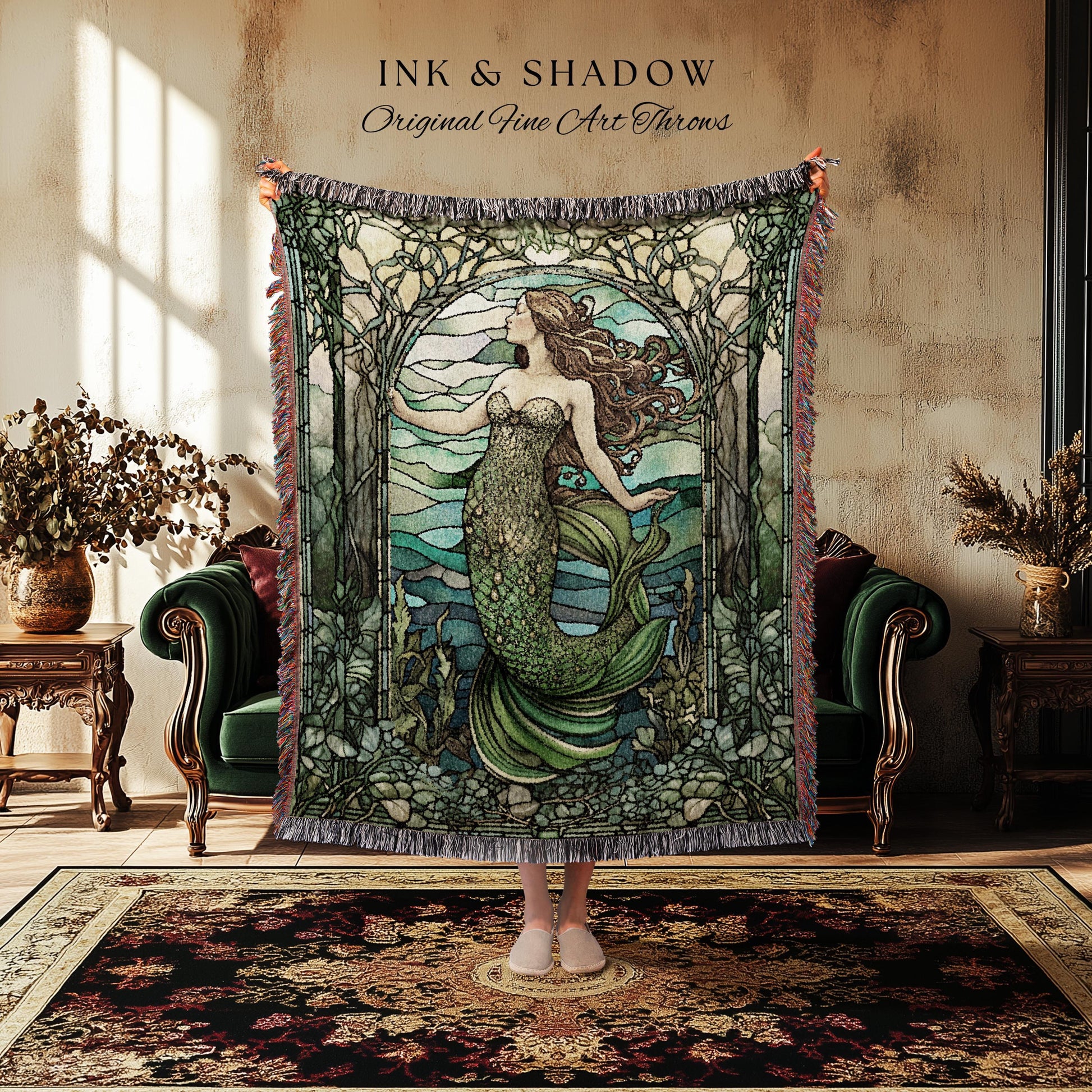 Art Nouveau Mermaid Blanket | Celestial Mermaid Dark Cottagecore Decor Art Nouveau Tapestry Woven Blanket Mermaidcore Decor Stained Glass |