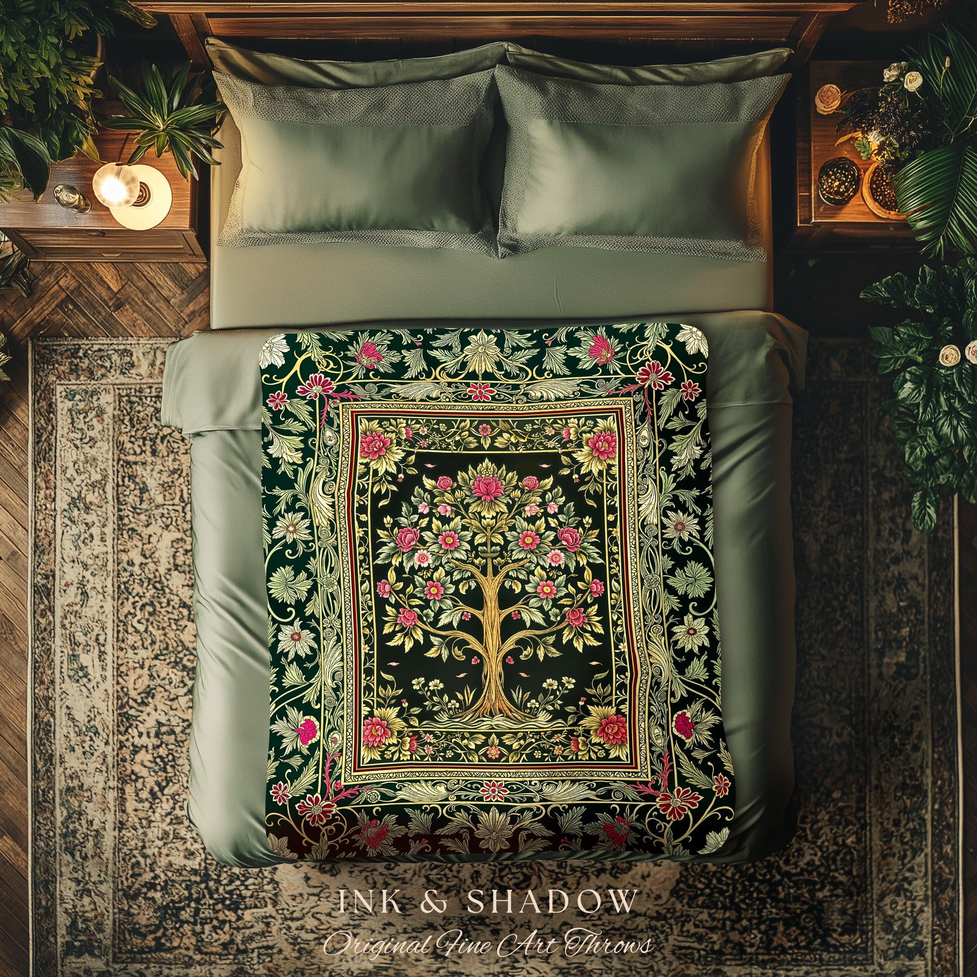 Rosy Botanical Rustic Tree Throw Blanket Woven Cotton Wall Tapestry