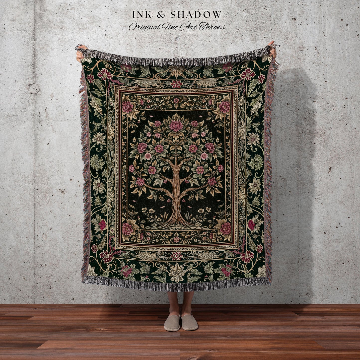 Rosy Botanical Rustic Tree Throw Blanket Woven Cotton Wall Tapestry