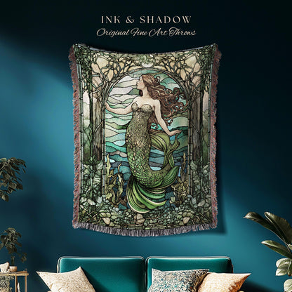 Art Nouveau Mermaid Blanket | Celestial Mermaid Dark Cottagecore Decor Art Nouveau Tapestry Woven Blanket Mermaidcore Decor Stained Glass |