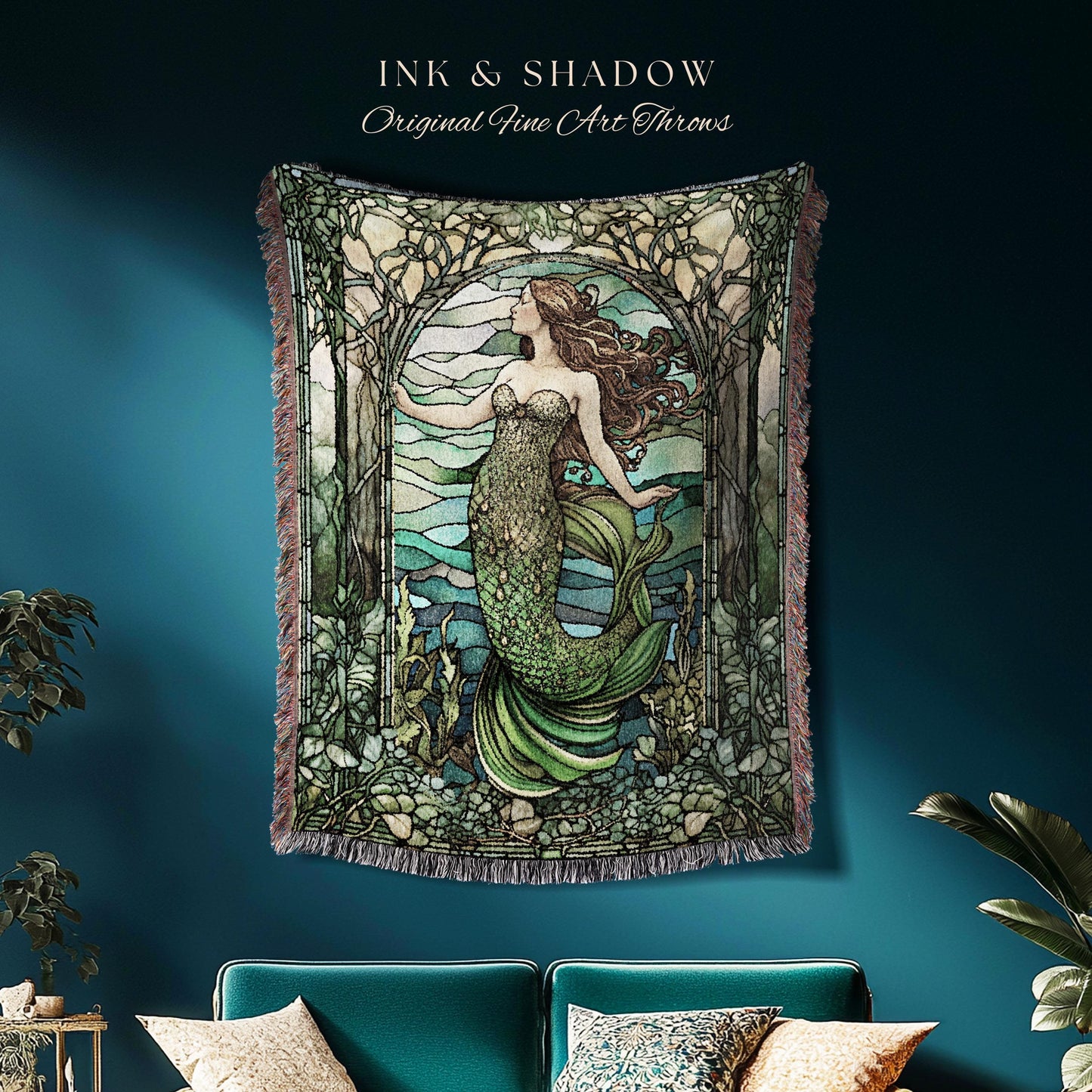 Art Nouveau Mermaid Blanket | Celestial Mermaid Dark Cottagecore Decor Art Nouveau Tapestry Woven Blanket Mermaidcore Decor Stained Glass |