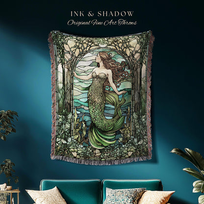 Art Nouveau Mermaid Blanket | Celestial Mermaid Dark Cottagecore Decor Art Nouveau Tapestry Woven Blanket Mermaidcore Decor Stained Glass |