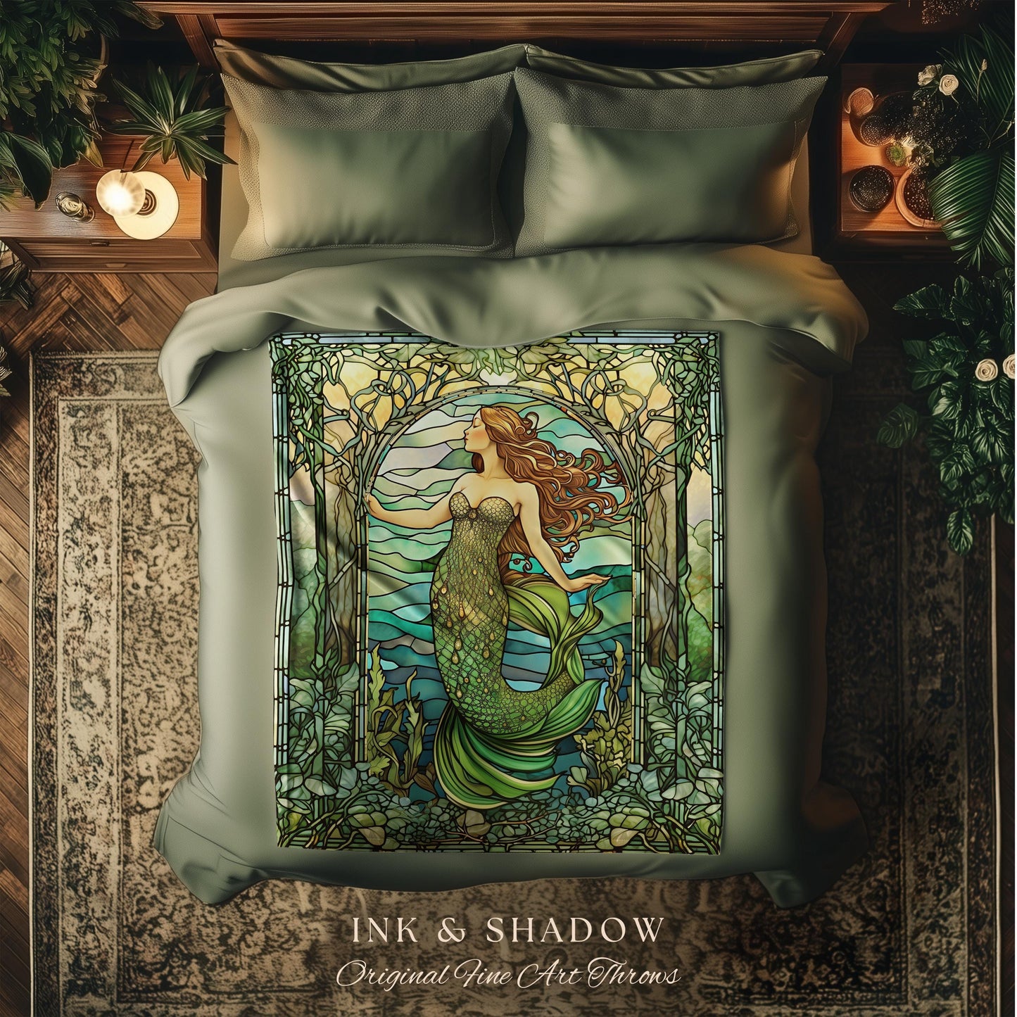 Art Nouveau Mermaid Blanket | Celestial Mermaid Dark Cottagecore Decor Art Nouveau Tapestry Woven Blanket Mermaidcore Decor Stained Glass |