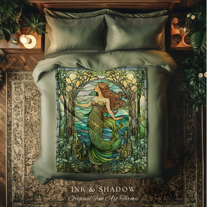 Art Nouveau Mermaid Blanket | Celestial Mermaid Dark Cottagecore Decor Art Nouveau Tapestry Woven Blanket Mermaidcore Decor Stained Glass |
