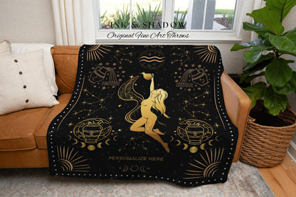 Celestial Star Sign Blanket Aquarius | Aquarius Tapestry Custom Star Sign Goth Woven Blanket Witch Art Decor Aquarius Astrology Personalized
