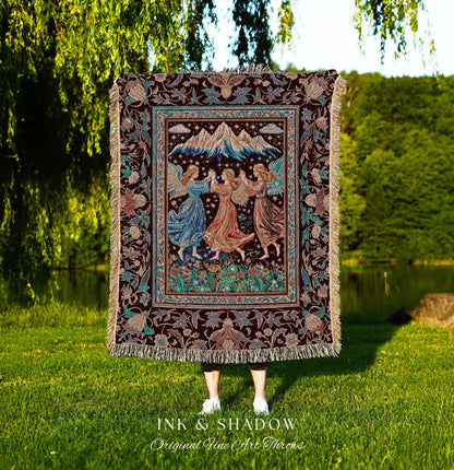 Spring Goddesses Wildflower Fairy Blanket | Medieval Academia Woven Tapestry Dark Cottagecore Dreamy Ethereal Fairytale Throw Fairycore Home