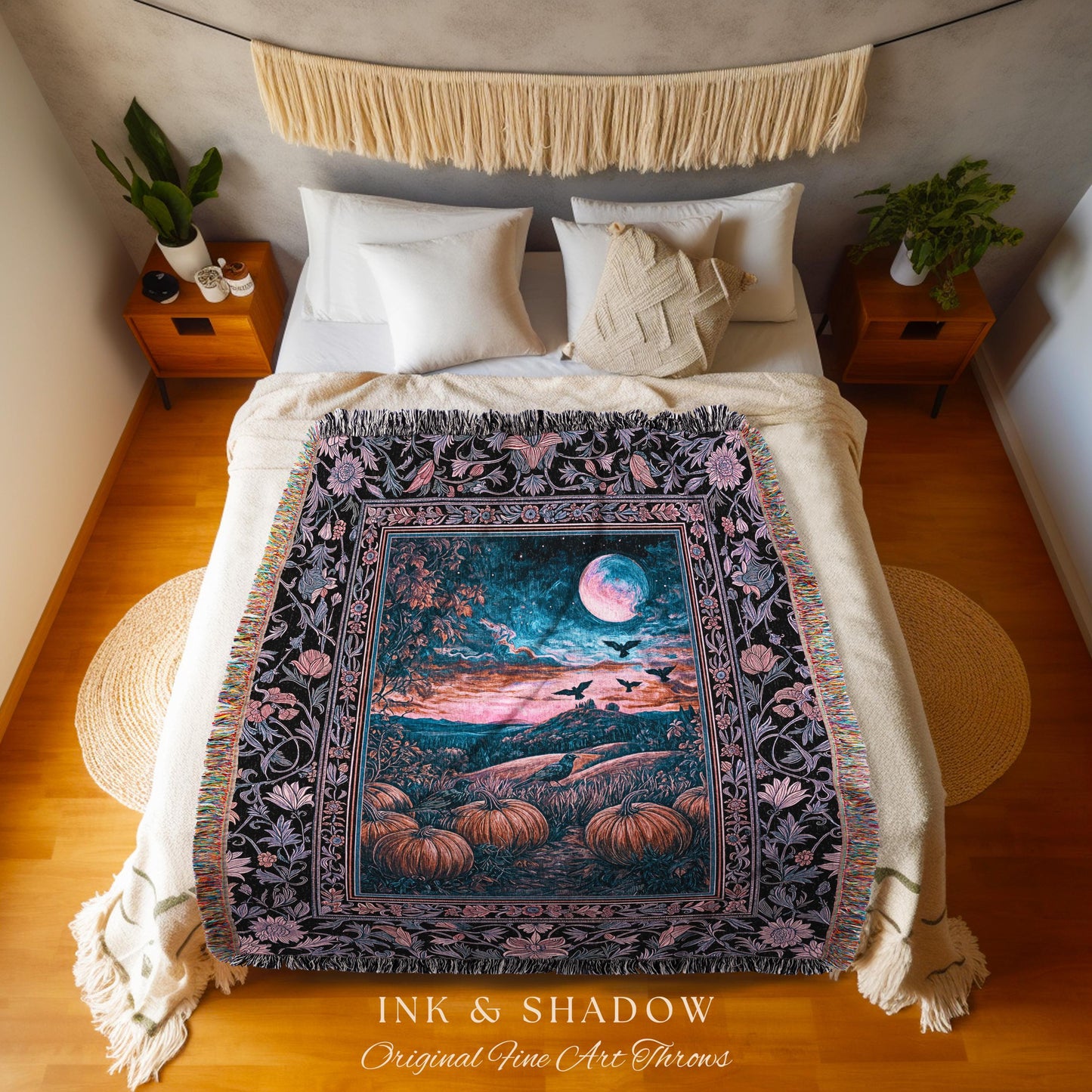 Whimsigothic Raven Full Moon Pumpkins Woven Throw | Dreamy Aesthetic Fall Vibes Witchy Dark Academia Tapestry Baroque Spooky Season Decor