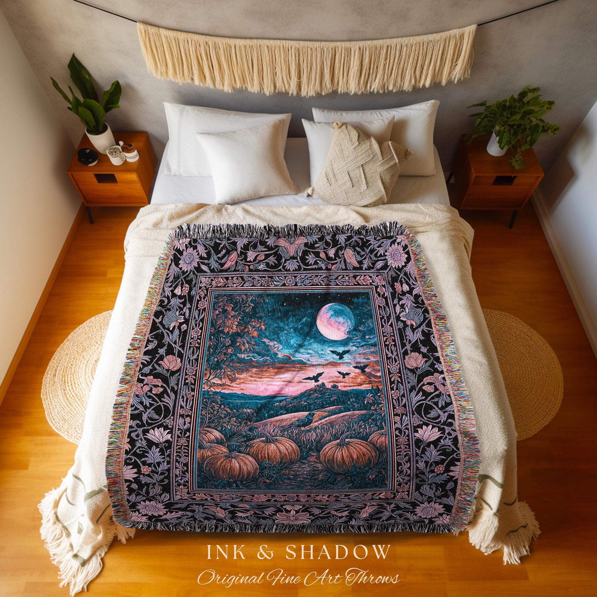Whimsigothic Raven Full Moon Pumpkins Woven Throw | Dreamy Aesthetic Fall Vibes Witchy Dark Academia Tapestry Baroque Spooky Season Decor