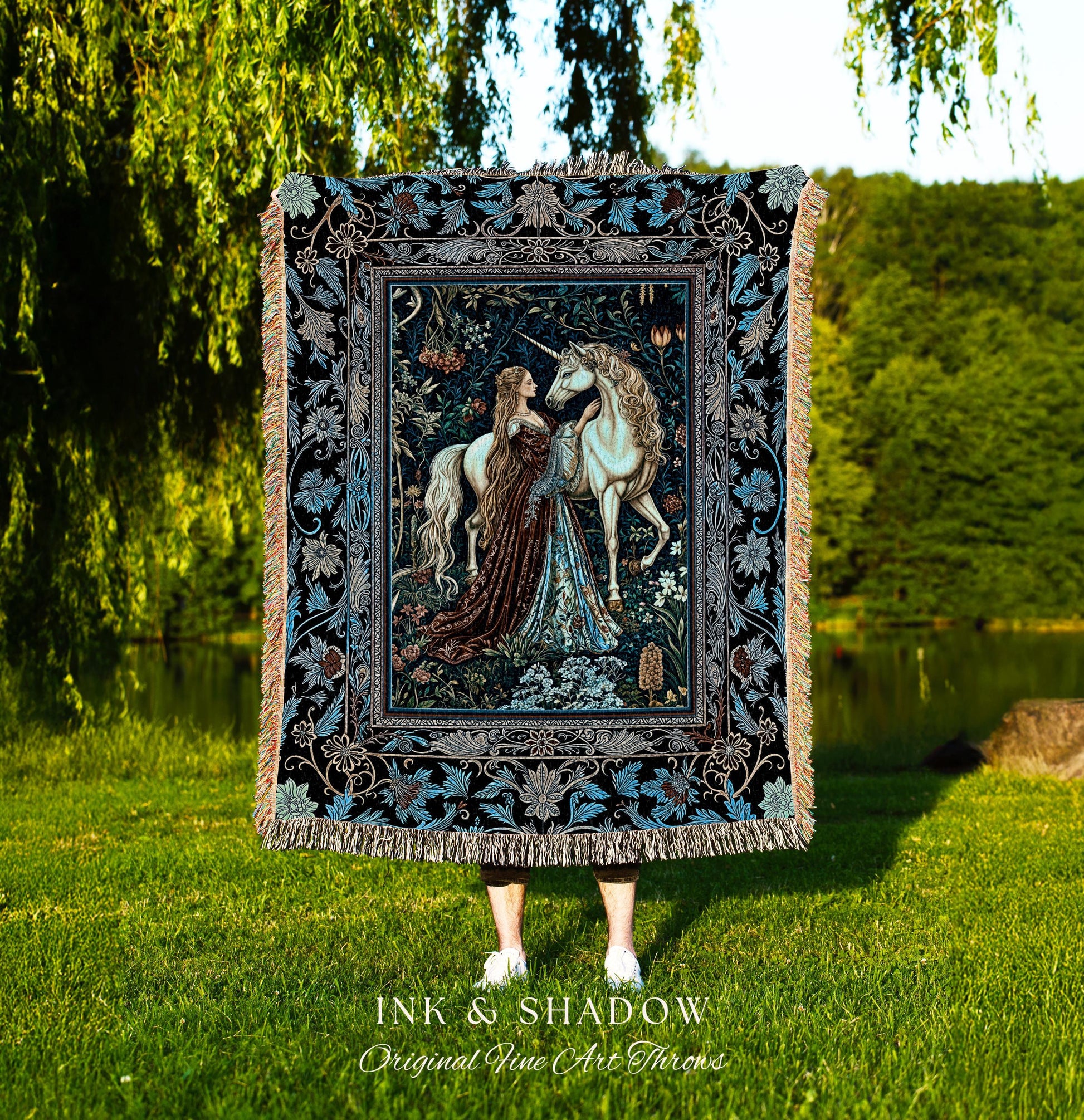 Moody Medieval Rococo Throw Blanket | Vintage Fantasy Bedroom Woven Wall Tapestry Baroque Royalcore Cottagecore Romantic Decor Cool Hues |