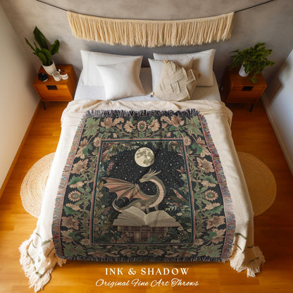 Fantasy Dragon Blanket Woven Tapestry | Moonlit Library Dark Victorian Floral Woodland Fairytale Tapestry Forestcore Dark Academia Decor |