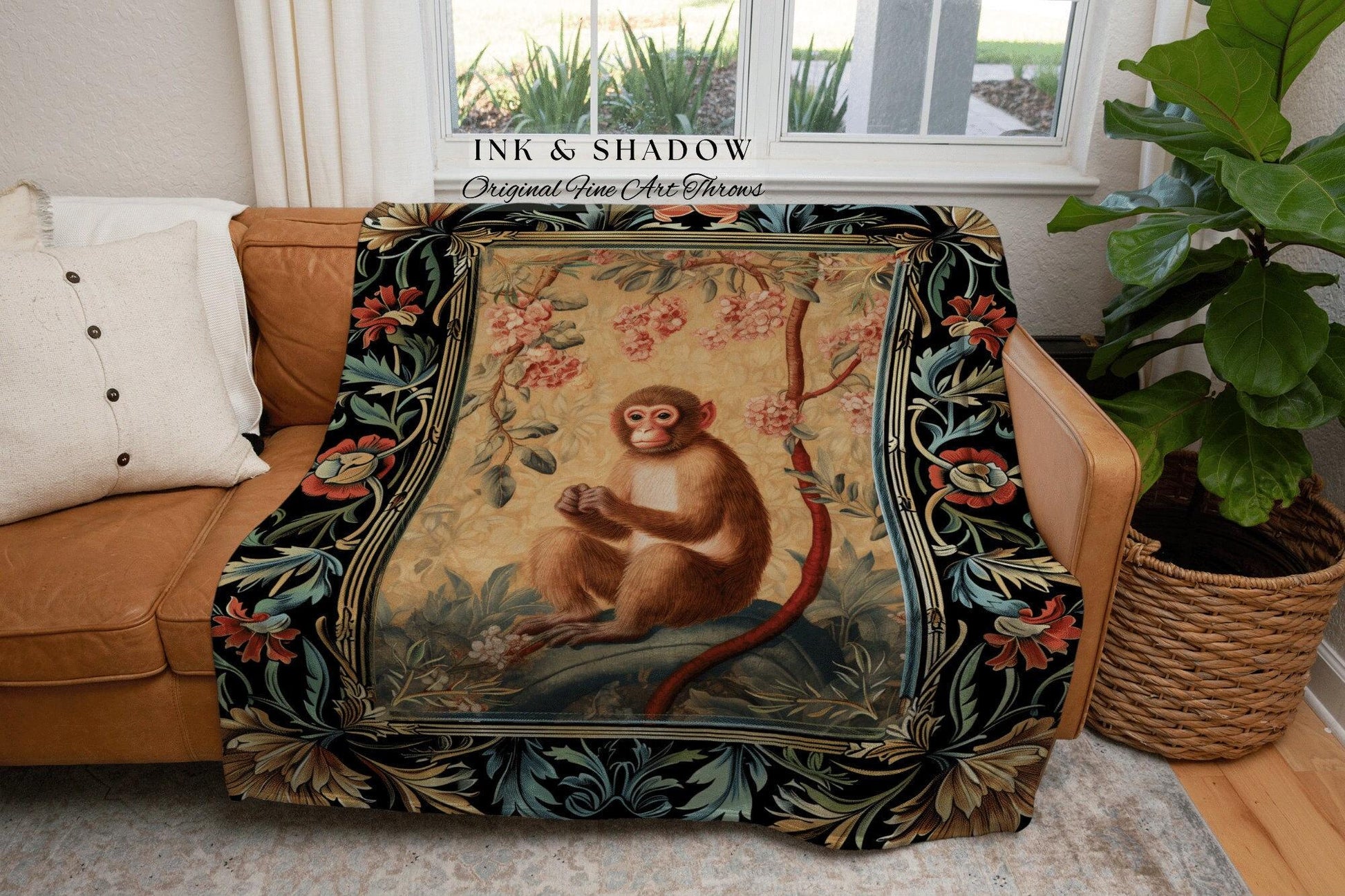 Victorian Gothic Woven Throw Blanket | Woodland Tapestry Decor William Morris Monkey Vintage Cottagecore Aesthetic Dark Fairycore Woven Art