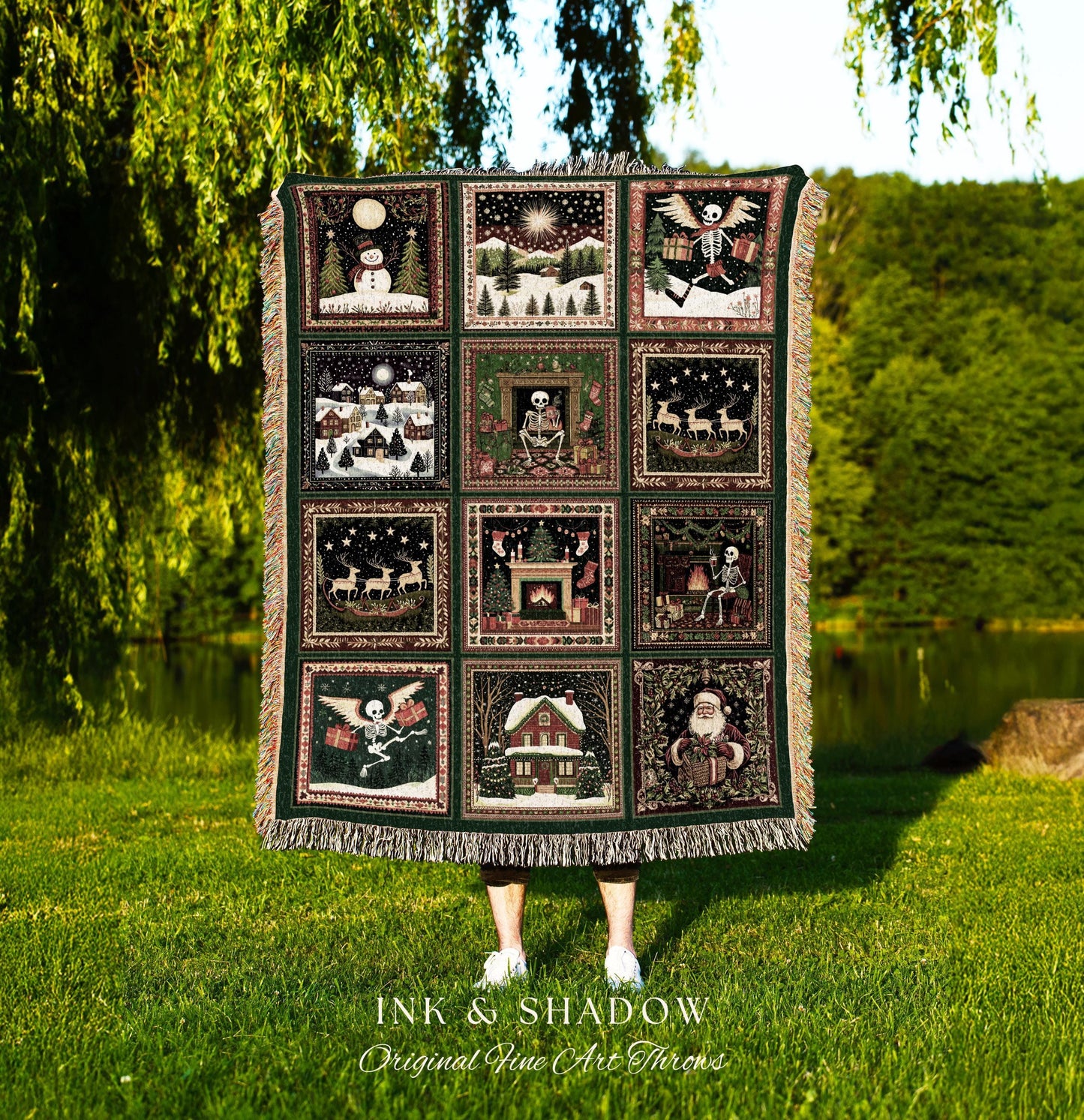 Cute Skeleton Holiday Throw Blanket | Merry Creepmas Cozy Festive Blanket Whimsigoth Gothmas Winter Cottagecore Christmas Holiday Witchy |