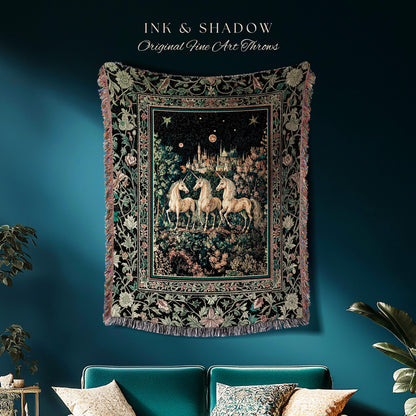 Mystic Academia Unicorn Wall Tapestry | Dark Victorian Gothic Floral Landscape Magical Elegance Woven Throw Blanket Storybook Fairytale Art