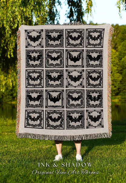Rustic Halloween Whimsigoth Blanket | Cozy Goth Goblincore Aesthetic Retro Halloween Woven Tapestry Bat Lover Dark Cottagegoth Wall Art Boho