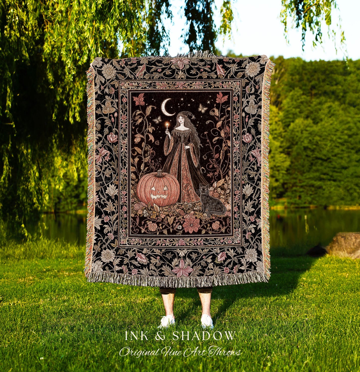 Moonlit Harvest Witch Woven Tapestry Throw Pumpkin Black Cat Whimsical Halloween Blanket Decor | Celestial Whimsigoth Magical Fall Woven Art