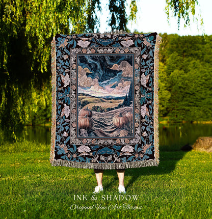 Pastel Gothic Enchanting Pumpkin Throw Blanket | Cozy Rustic Whimsigothic Woven Wall Tapestry Light Academia Decor Autumn Aesthetic Ornate |