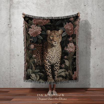 Dark Floral Leopard Blanket | Woodland Folk Art Blanket Woven Tapestry William Morris Art Woodland Goth Decor Dark Academia Gothic Aesthetic