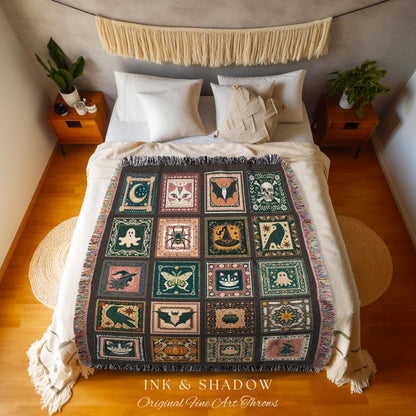 Retro Whimsigothic Spooky Throw Cute | Dark Academia Blanket Boho Halloween Tapestry Whimsigothic Pumpkin Season Aesthetic Gift for Goths