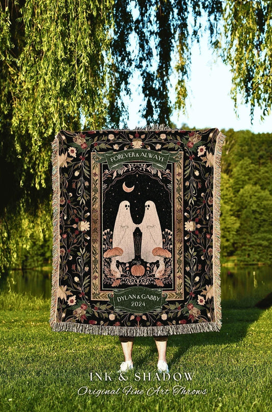 Woodland Gothic Ghost Couples Blanket | Cottagecore Custom Gothic Mushroom Tapestry Woven Throw Whimsigoth Personalized Gifts for Partner |