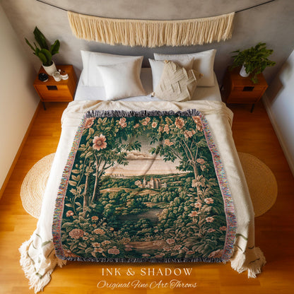 Princess Medieval Woven Throw Blanket | Rustic Floral Landscape Whimsigoth Castle Ethereal Bedroom Aesthetic Blanket Woodland Goth Romantic