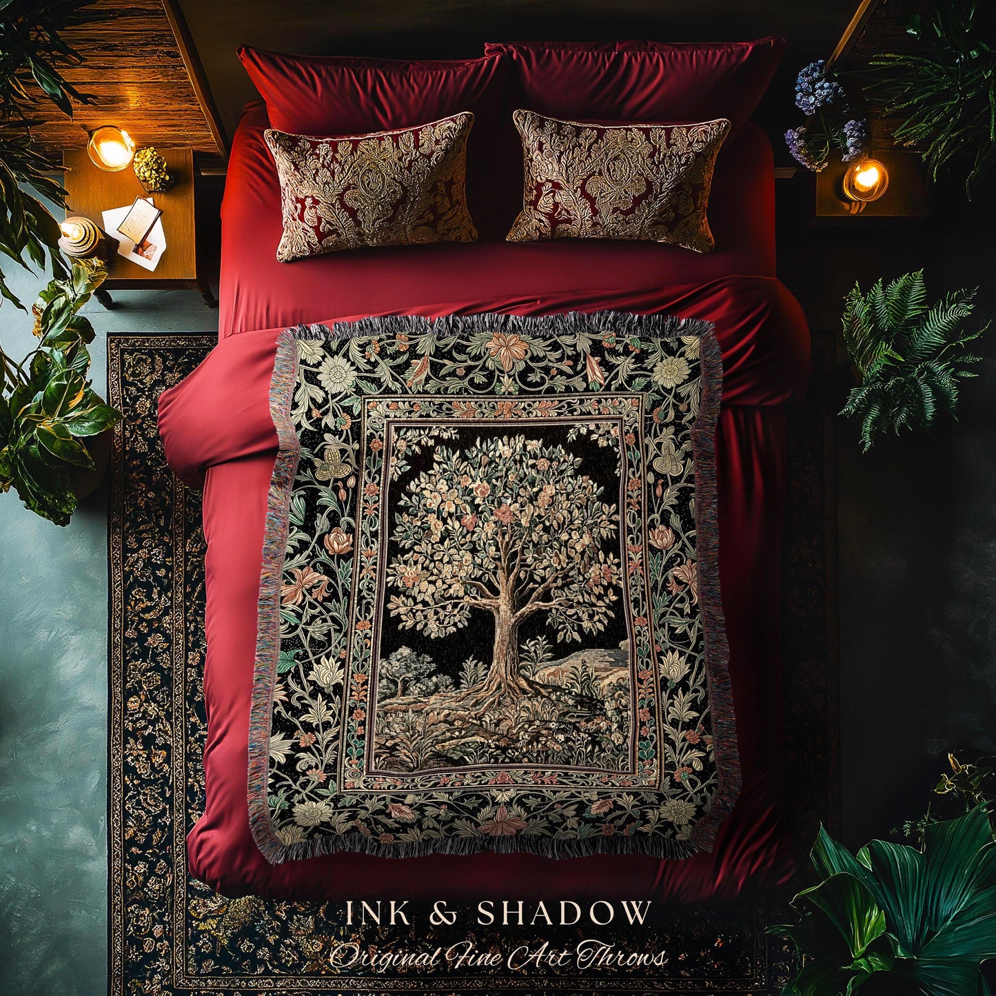 Regal Woodland Tree Throw Blanket Woven Cotton Wall Tapestry