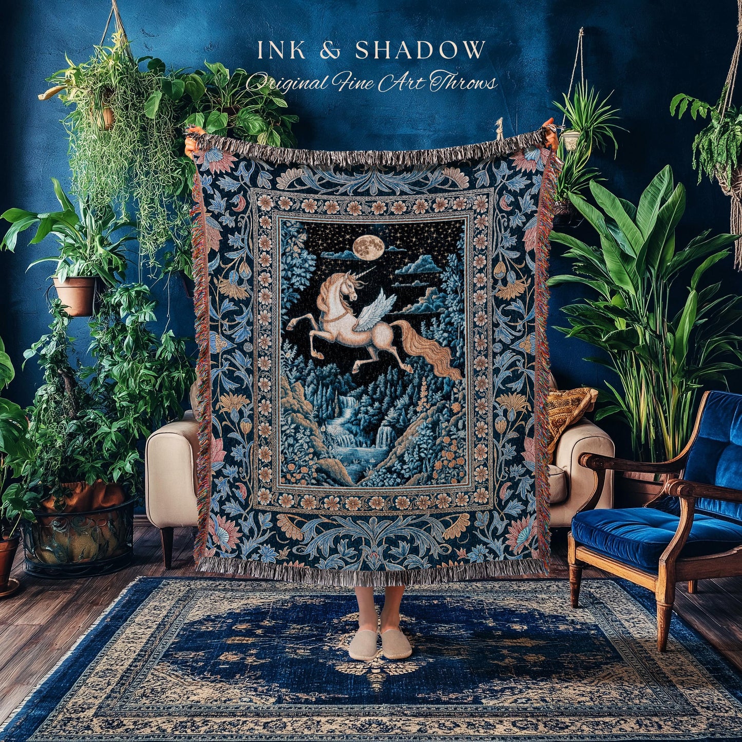 Moody Fantasy Mystic Pegasus Blanket | Enchanted Forest Landscape Midnight Sky Unicorn Decor Regal Baroque Fairytale Woven Tapestry Romantic