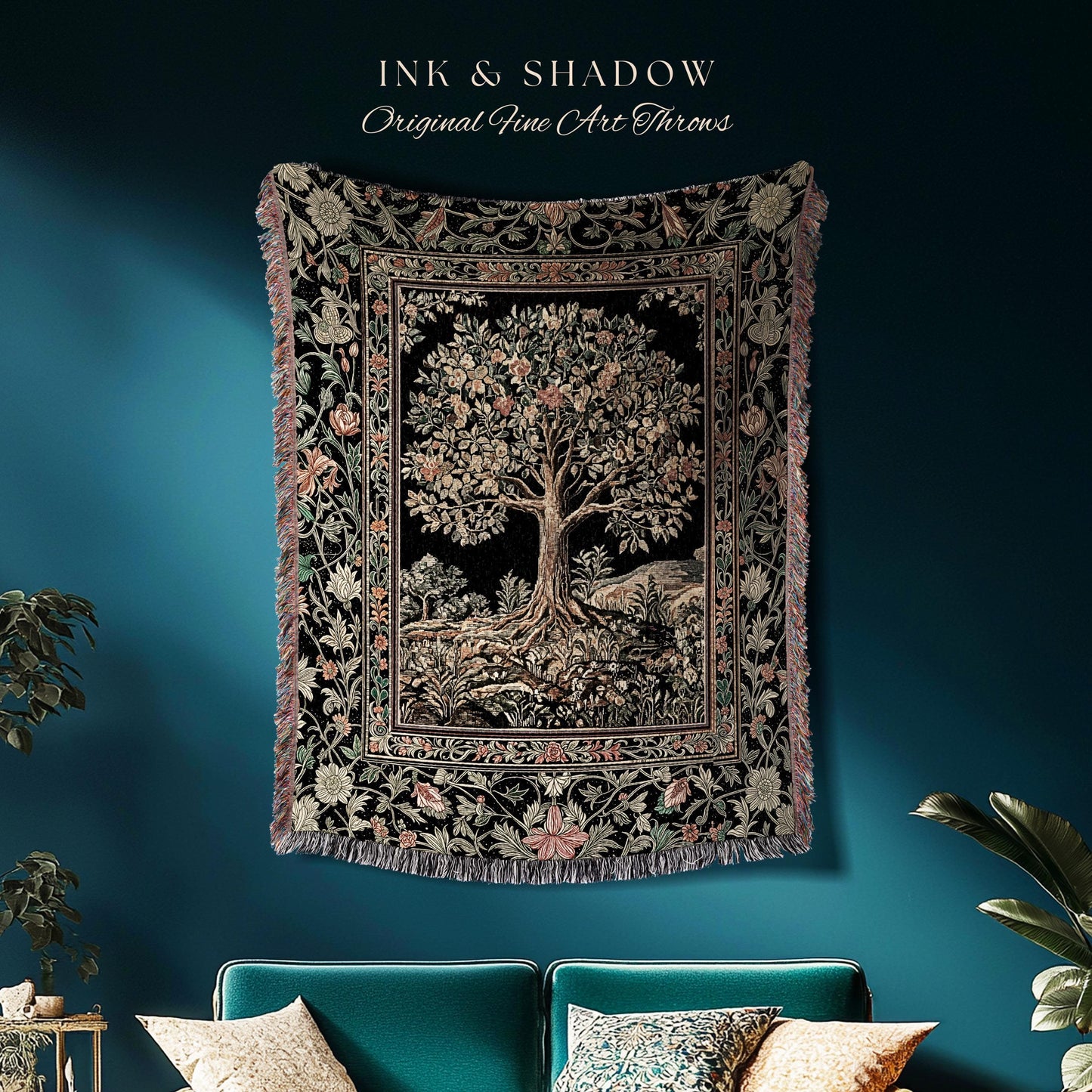 Regal Woodland Tree Throw Blanket Woven Cotton Wall Tapestry
