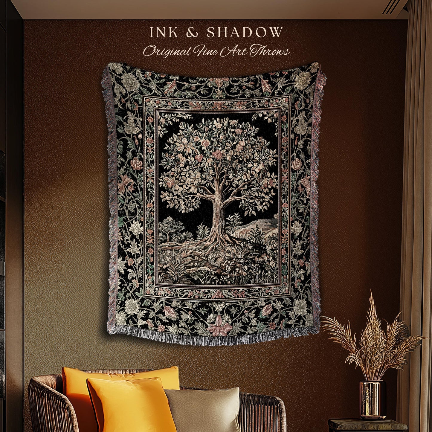 Regal Woodland Tree Throw Blanket Woven Cotton Wall Tapestry