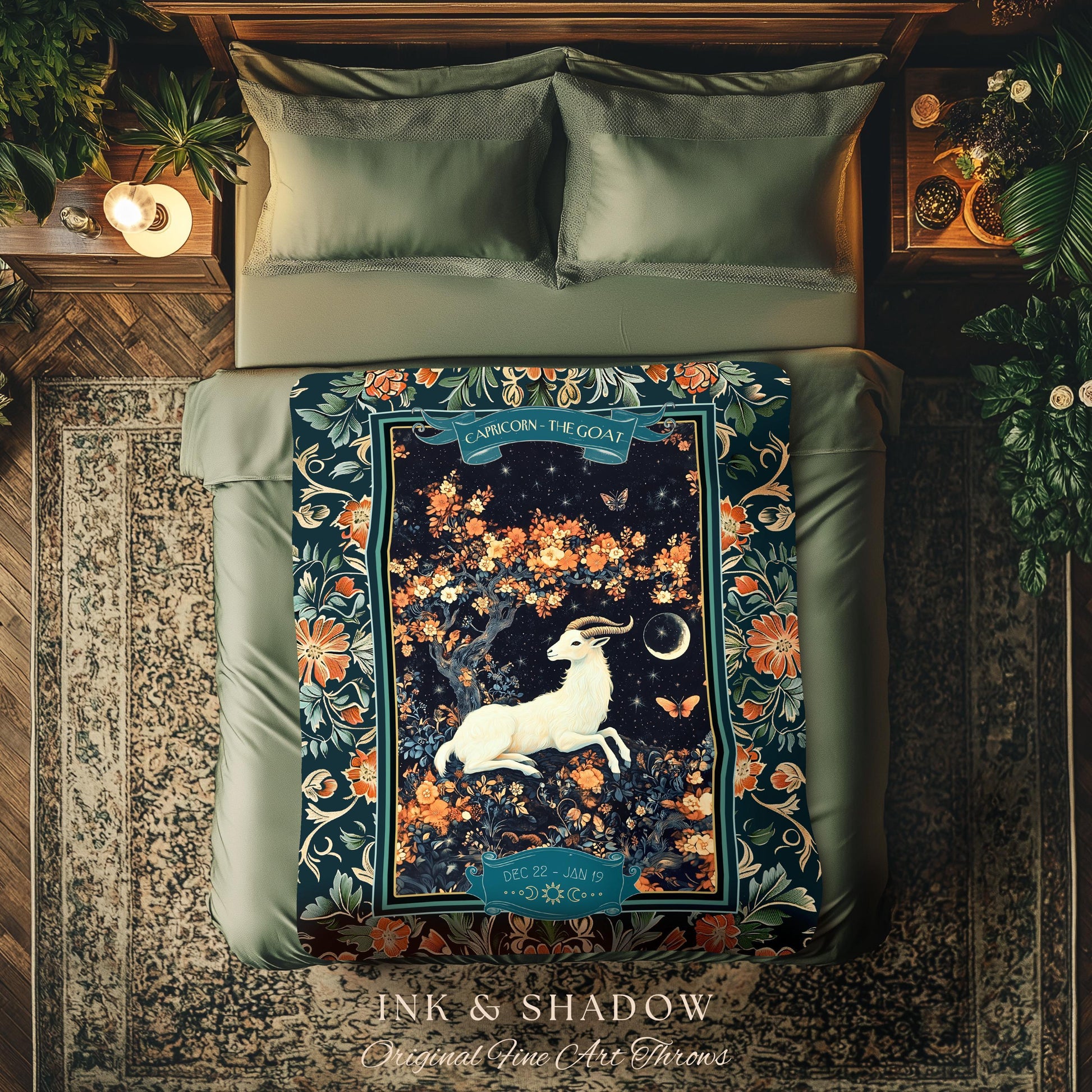 Enchanted Forest Capricorn Zodiac Blanket Celestial Midnight Woodland Throw, The Goat Astrology Tapestry Mystic Constellation Birthday Gift
