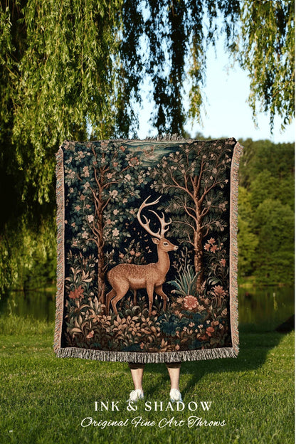 Woodland Folklore Deer Blanket | Mystic Aesthetic Folk Art Tapestry Woven William Morris Decor Dark Cottagecore Deer Gift Cozy Throw